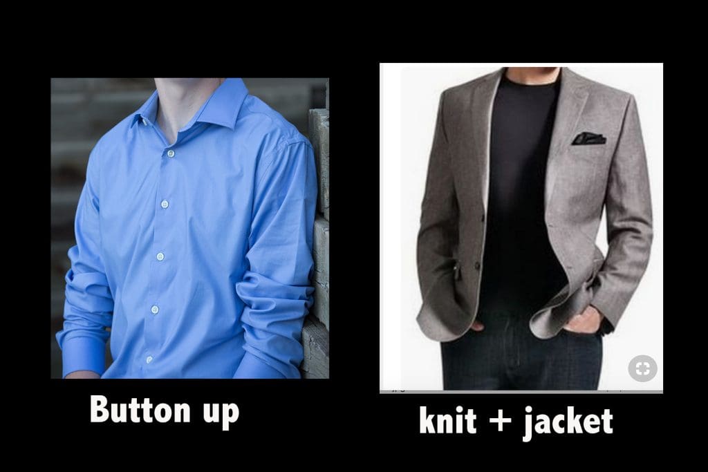 Clothing tip collage for corporate headshots without and with a jacket.